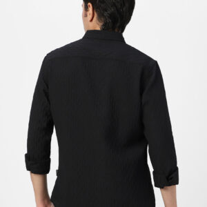 Men's Black Cotton Full Sleeve Regular Fit Textured Shirt with Spread Collar