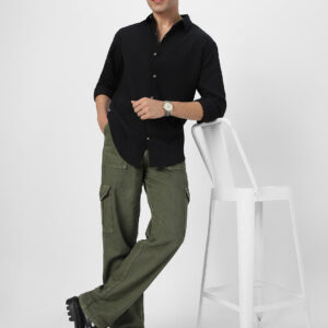 Men's Black Cotton Full Sleeve Regular Fit Textured Shirt with Spread Collar