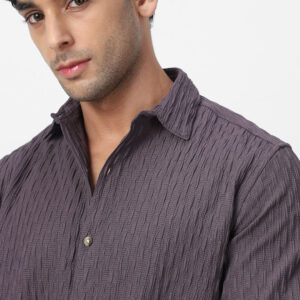 Men's Dark Lavender Cotton Full Sleeve Regular Fit Textured Shirt with Spread Collar