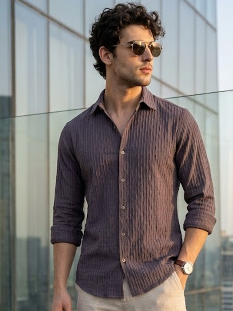 Men's Dark Lavender Cotton Full Sleeve Regular Fit Textured Shirt with Spread Collar