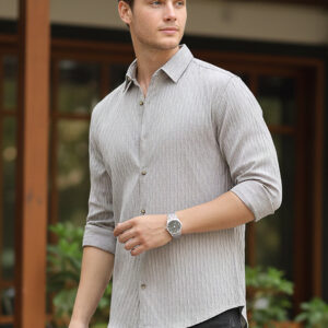 Men’s Ice Grey Cotton Full Sleeve Regular Fit Textured Shirt with Spread Collar