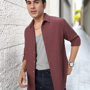 Men’s Mauve Cotton Full Sleeve Regular Fit Textured Shirt with Spread Collar