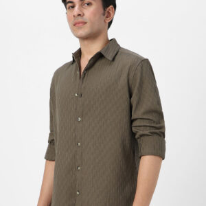 Men's Olive Green Cotton Full Sleeve Regular Fit Textured Shirt with Spread Collar