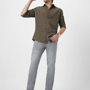 Men's Olive Green Cotton Full Sleeve Regular Fit Textured Shirt with Spread Collar