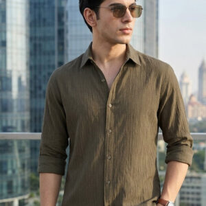 Men’s Olive Green Cotton Full Sleeve Regular Fit Textured Shirt with Spread Collar