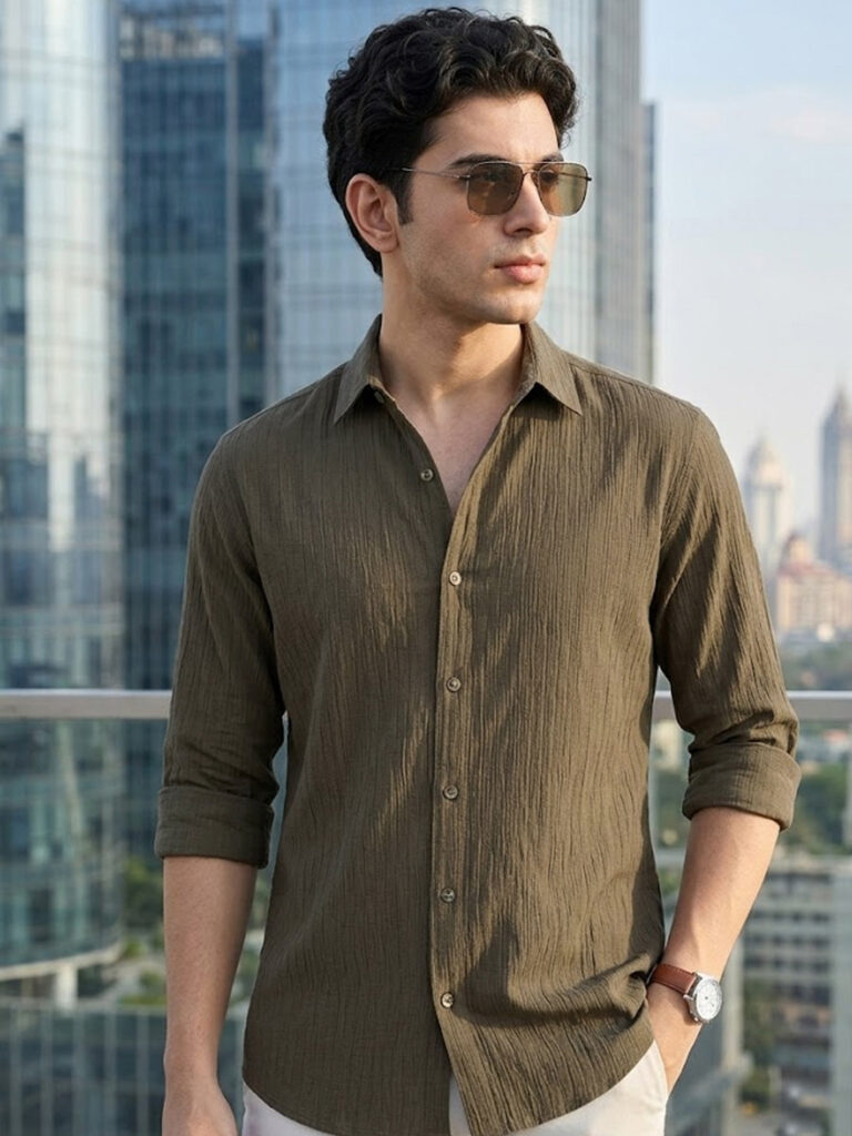 Men's Olive Green Cotton Full Sleeve Regular Fit Textured Shirt with Spread Collar