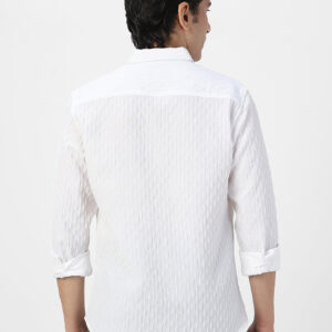 Men's White Cotton Full Sleeve Regular Fit Textured Shirt with Spread Collar