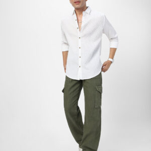 Men's White Cotton Full Sleeve Regular Fit Textured Shirt with Spread Collar