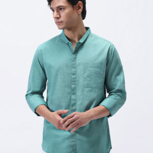 Men’s Light Teal Cotton Full Sleeve Regular Fit Casual Solid Shirt with Band Collar