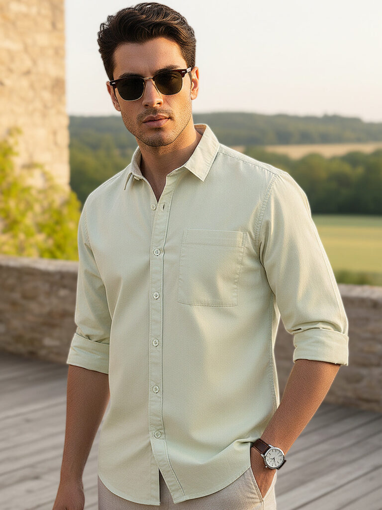 Men's Pastel Green Cotton Full Sleeve Regular Fit Casual Solid Shirt
