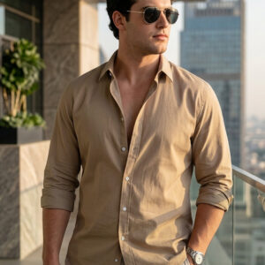 Men’s Light Brown Cotton Full Sleeve Regular Fit Casual Solid Shirt