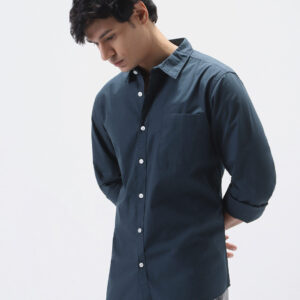 Men's Navy Cotton Full Sleeve Regular Fit Casual Solid Shirt