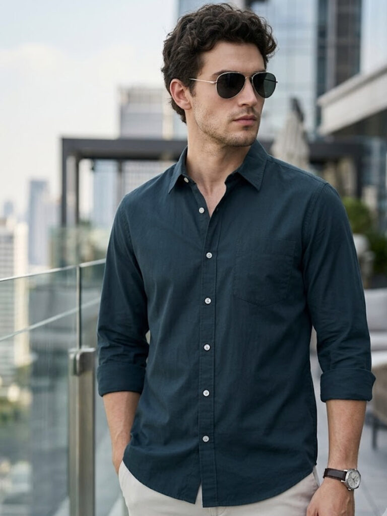 Men's Navy Cotton Full Sleeve Regular Fit Casual Solid Shirt