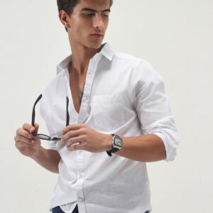 Men’s White Cotton Full Sleeve Regular Fit Casual Solid Slub Shirt with Spread Collar