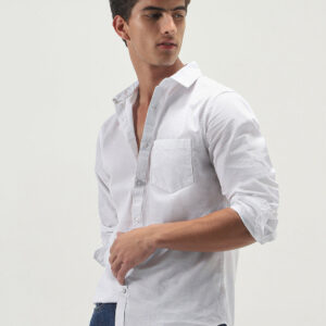 Men's White Cotton Full Sleeve Regular Fit Casual Solid Slub Shirt with Spread Collar