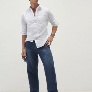 Men's White Cotton Full Sleeve Regular Fit Casual Solid Slub Shirt with Spread Collar