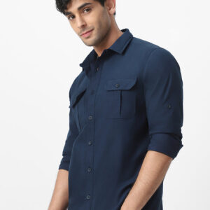 Men's Navy Cotton Full Sleeve Regular Fit Casual Solid Shirt