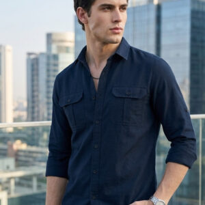 Men’s Navy Cotton Full Sleeve Regular Fit Casual Solid Shirt