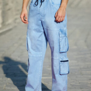 Men’s Ice Blue Loose Baggy Fit Travel Cargo Jeans With 8 Pockets Stretchable