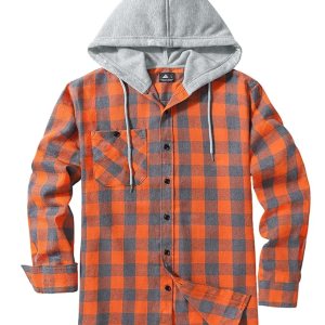 Men's Hooded Flannel Shirts | Orange Grey Green Plaid | Pack of 3