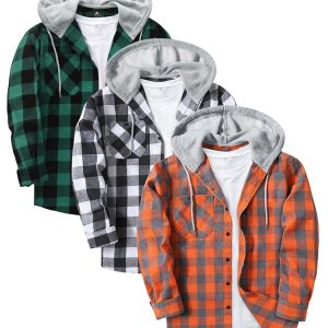 Men's Hooded Flannel Shirts | Orange Grey Green Plaid | Pack of 3