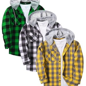Men's Hooded Flannel Shirts | Mustard Grey Green Plaid | Pack of 3