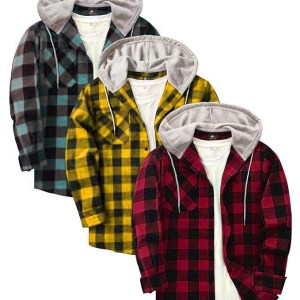 Men's Hooded Flannel Shirts | Blue Yellow Red Plaid | Pack of 3