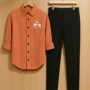 OnZone Pink Two Deer Embroidery Shirt & Black Pant Combo