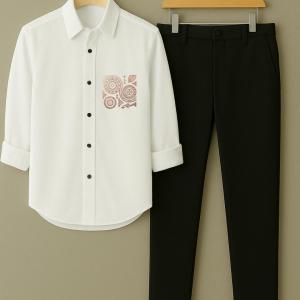 OnZone White Mandala Embroidery Shirt & Black Pant Combo