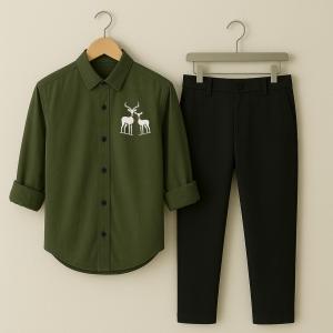 OnZone Green Two Deer Embroidery Shirt & Black Pant Combo