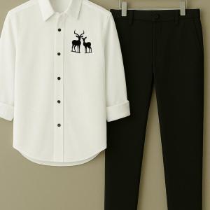 OnZone White Two Deer Embroidery Shirt & Black Pant Combo