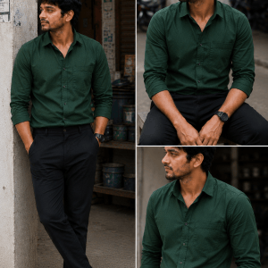 OnZone Bottle Green Shirt & Black Pant Combo | Set of 2