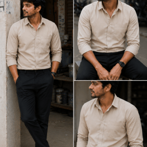 OnZone Biscuit Colour Shirt & Black Pant Combo | Set of 2